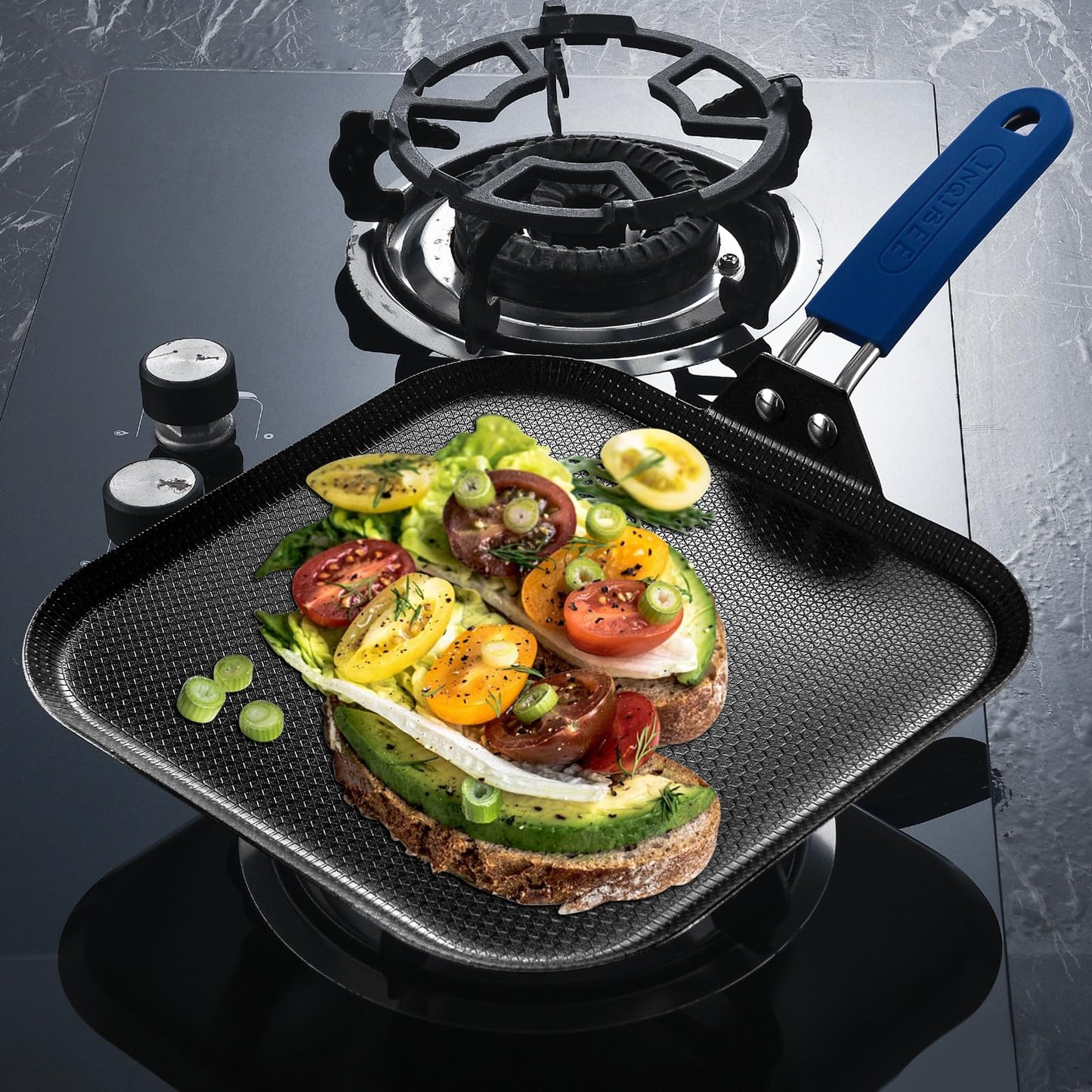 Inqibee 11 Inch Tri-ply Stainless Steel Square Griddle Pan,Hybrid Ceramic Nonstick Pancake Pan,Anti-scratch,Silicone Heat-resistant Handle,Dishwasher and Oven Safe.