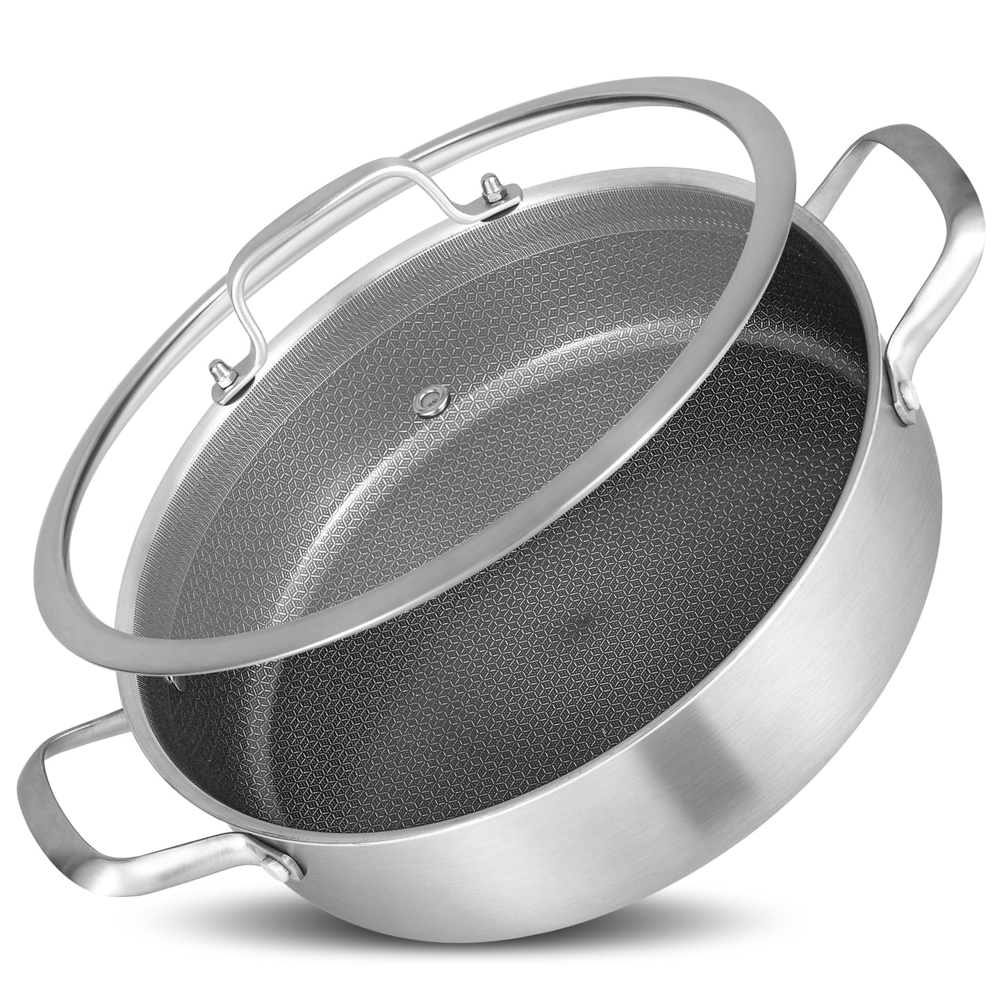 Inqibee 5 QT Hybrid Tri-Ply Stainless Steel Non Stick Sauté Pan with Lid, 12 Inch Induction Deep Frying Pan, Large Skillet,Jumbo Cooker, Dishwasher and Oven Safe.