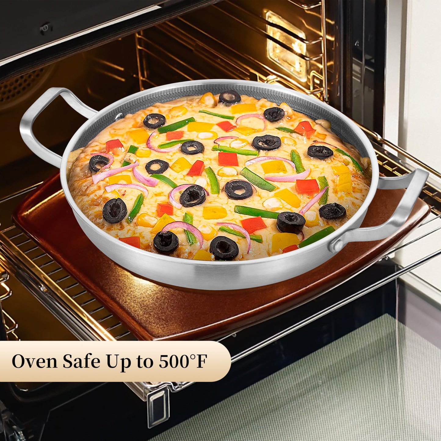 Inqibee 12-Inch Hybrid Tri-Ply Stainless Steel Nonstick Stir Fry Pan with Lid,Paella Pan,Omelet Pan,Large Skillet,Induction Cooking Pan,Dishwasher and Oven Safe.