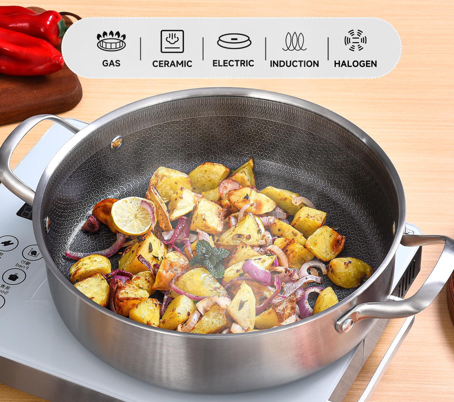 Inqibee 5 QT Hybrid Tri-Ply Stainless Steel Non Stick Sauté Pan with Lid, 12 Inch Induction Deep Frying Pan, Large Skillet,Jumbo Cooker, Dishwasher and Oven Safe.