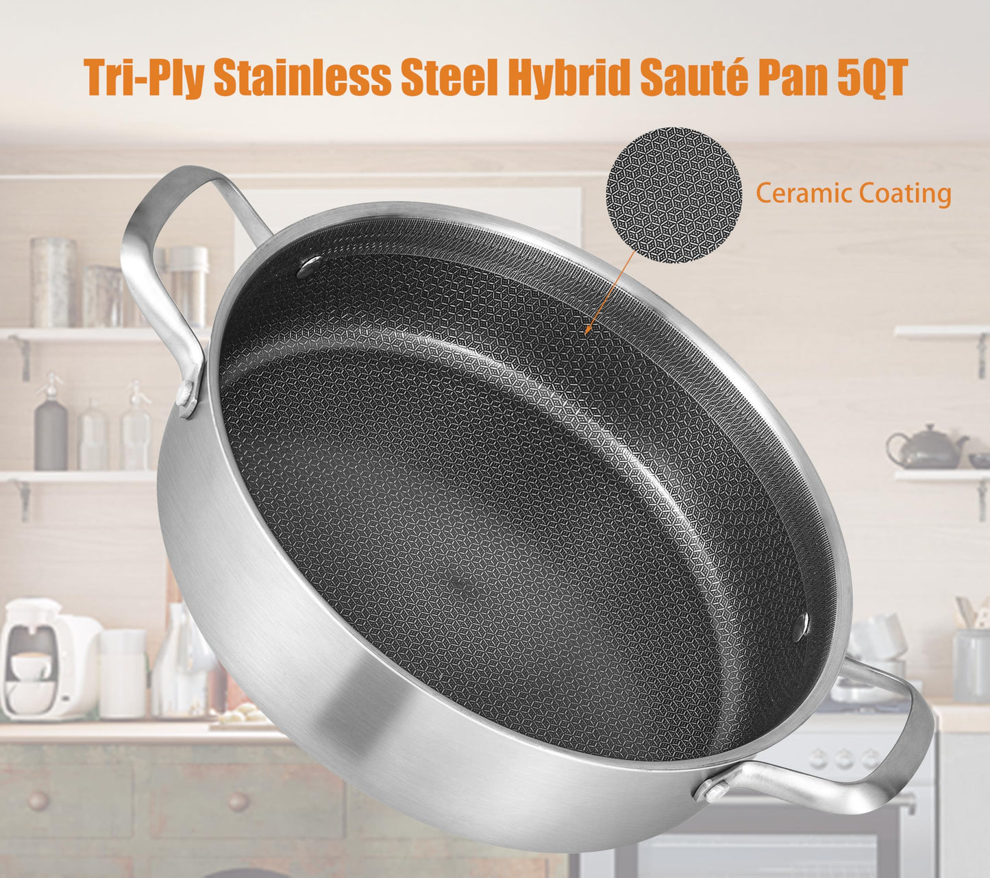 Inqibee 5 QT Hybrid Tri-Ply Stainless Steel Non Stick Sauté Pan with Lid, 12 Inch Induction Deep Frying Pan, Large Skillet,Jumbo Cooker, Dishwasher and Oven Safe.