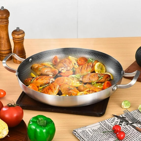 Inqibee 14 inch New Hybrid Tri-Ply Stainless Steel Paella Pan with Lid,Omelet,Griddle,Large Skillet,Induction Cooking Pan,Dishwasher and Oven Safe.