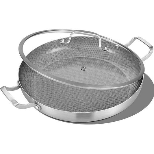 Inqibee 14 inch New Hybrid Tri-Ply Stainless Steel Paella Pan with Lid,Omelet,Griddle,Large Skillet,Induction Cooking Pan,Dishwasher and Oven Safe.