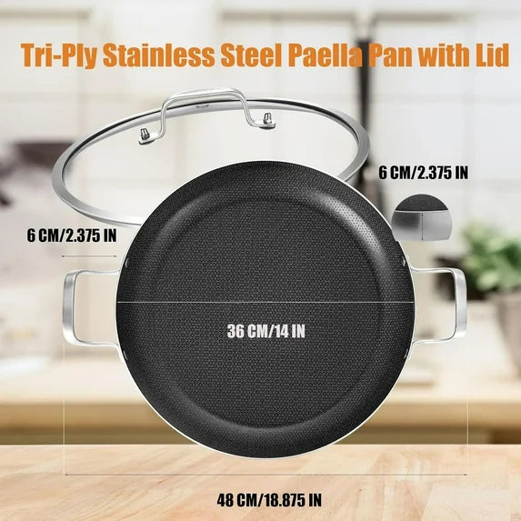 Inqibee 14 inch New Hybrid Tri-Ply Stainless Steel Paella Pan with Lid,Omelet,Griddle,Large Skillet,Induction Cooking Pan,Dishwasher and Oven Safe.